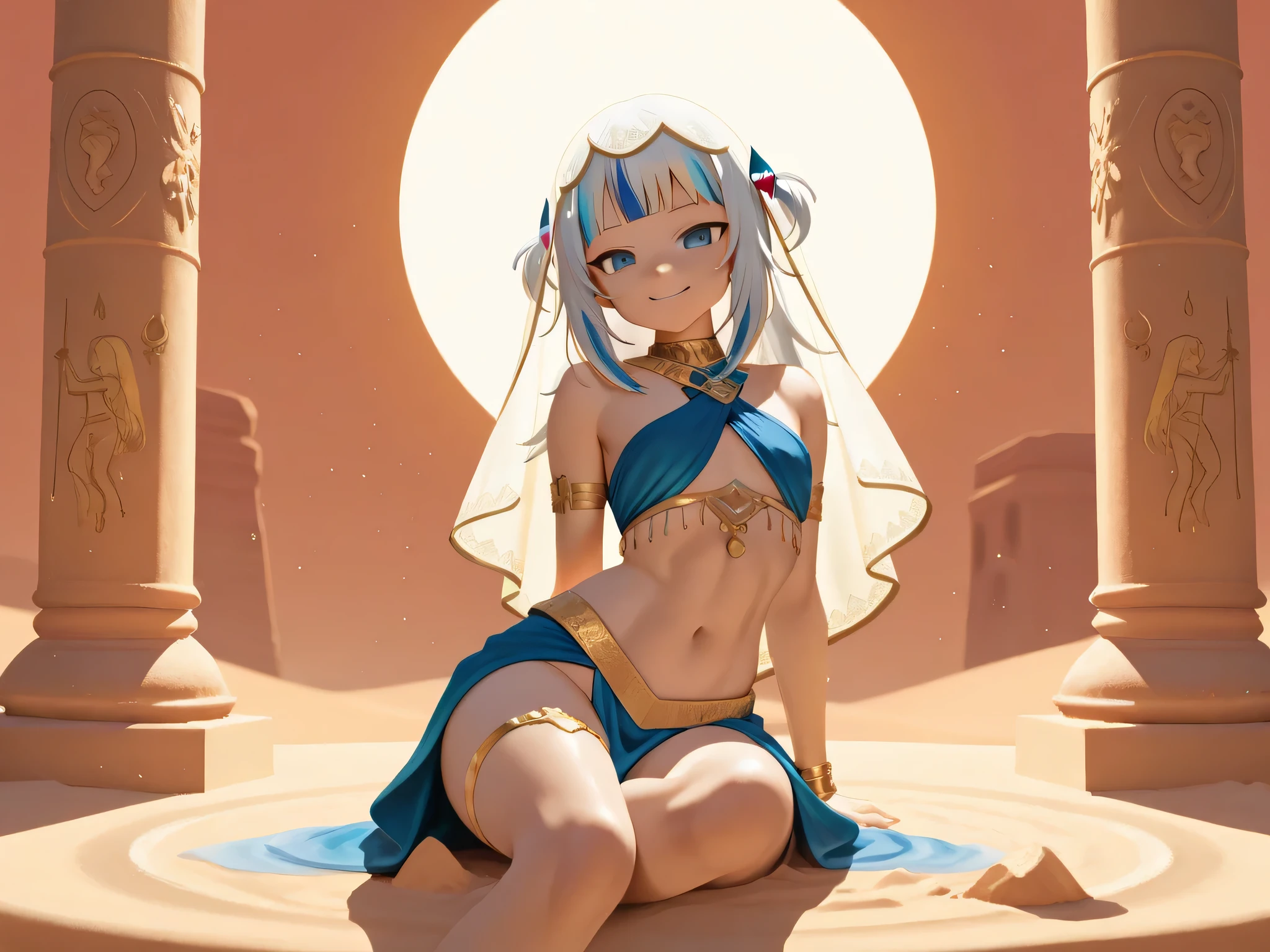 Gawr Gura, hololive, vtuber, desert fantasy setting, wearing a tight exotic dancer outfit with gold and aquamarine jewelry, a translucent veil partially covering her chest, large bust as if she's 18+, toned waist, sun-kissed glowing skin, long flowing silver-blue hair with gold embellishments, bright blue eyes like desert sapphires, sultry smile, hip-swaying dance pose, sitting by an ancient ruined fountain in the desert, shimmering heat waves in the air, golden sand particles floating by, ancient symbols in broken stone, magical mirage reflections, warm sunset palette, intricate costume details, ultra high detail, no distortions, mystical cinematic mood, masterful light and shadow work, high-fidelity render