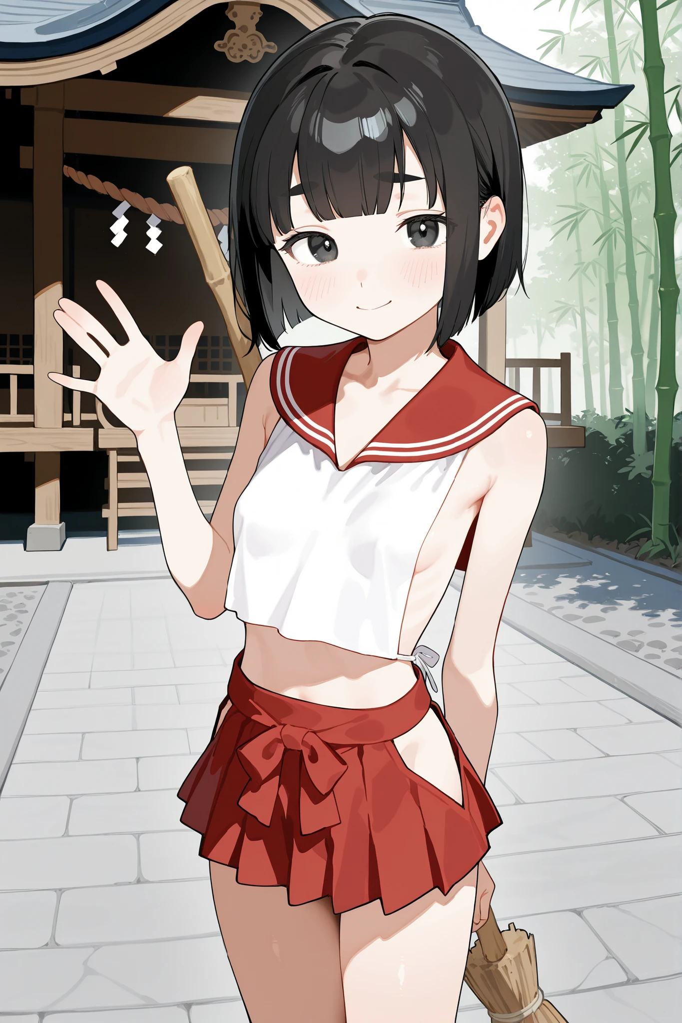 cute girl, schoolgirl, small girl, short girl, tween, ((solo)), ((1girl)), ((alone)), breast curtain, crop top, sleeveless, red sailor collar, red skirt, (micro skirt), (lowleg skirt), hakama skirt, midriff, sideless, flat stomach, (small breasts), skinny, narrow waist, thighs, black hair, bob cut, short hair, blunt bangs, black eyes, thick eyebrows, holding broom, bamboo broom, one hand up, waving hand, looking at viewer, shy smile, blushing, (outdoors), shinto shrine, stone floor (masterpiece), (best quality), (amazing quality), (perfect eyes), (absurdres), ((perfect face)), ((beautiful face)), (very aesthetic),
