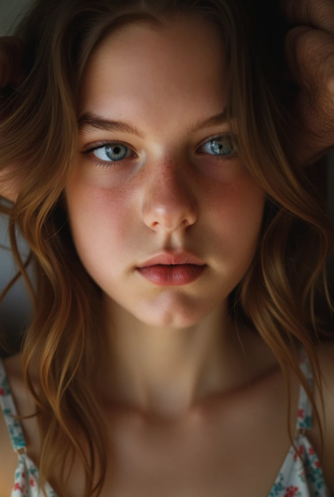 (close-up, editorial photograph of a 19 year old woman), (highly detailed face:1.4) (background inside dark, moody, private study:1.3) POV, by lee jeffries, nikon d850, rich colors ,hyper realistic ,lifelike texture, good lighting , cinestill 800, blonde hair