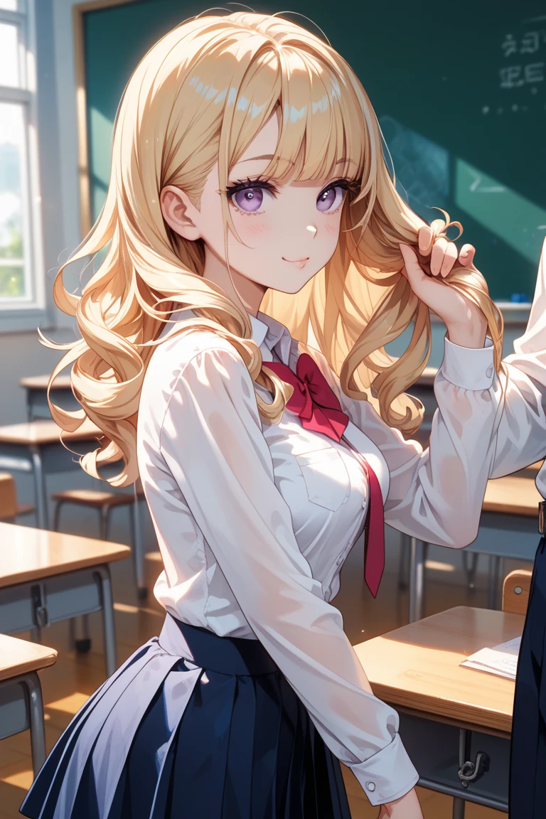 (masterpiece、Highest quality、Very detailed))、One girl、gyaru、Blonde、side ponytail、Grey Eyes、smile、((lots of piercing))、Large Breasts、((White collared shirt))、A bow tie、((cardigan))、((Black pleated skirt))、((micro miniskirt))、Cowboy Shot、Sit at a desk、Classroom Background
