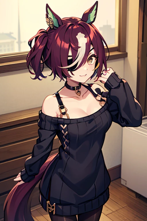 An anime girl with red hair and blue eyes wearing a skirt and a black and red bra