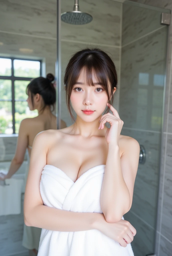Shower room After bathing, Highest quality, shape, Very detailed, In detail, High resolution, 8k wallpaper, Perfect dynamic composition, Beautiful details, Natural Lip, Wrapped a towel around her and naked, Her hair is wet, Big Breasts, Cleavage, Wipe your head、Smile and pose cutely..., A masterpiece of the whole body, Side Short