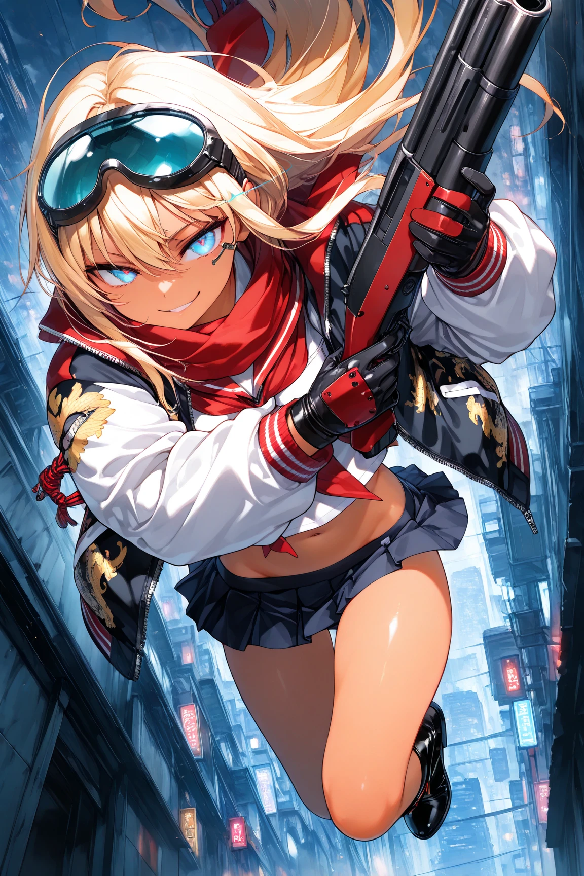 ((best quality)), ((masterpiece)), (detailed), 1girl, 8k_wallpaper, extremely detailed eyes, (large masterpiece digital art), (intricate details:1.3 ), (ultra-detailed:1.3), (sharp focus:1.3), (natural lighting:1.05), (vivid colors:1.3), (best quality:1.4), high quality, expressive eyes, full body, detailed face, beautiful face, perfect face, ((blonde hair)), (gold eyes), {{dark skin}}, ({dark skinned female}), big breasts, huge chest, outlines of nipples under clothing, powerful strong and prominent muscles of the abdomen and legs, powerful arm muscles, a cruel cold look, a cruel vulgar playful look, a predatory grin, a vulgar playful smile, an ahegao smile, dressed in an open red coat with rolled up sleeves, a translucent wet half-buttoned shirt revealing her chest, a wide red belt with a gold buckle, a military radio hanging on her belt, short leather mini-shorts, knee-high boots, a large hiking backpack, she walks late in the summer evening through the destroyed city ​​in cyberpunk style,