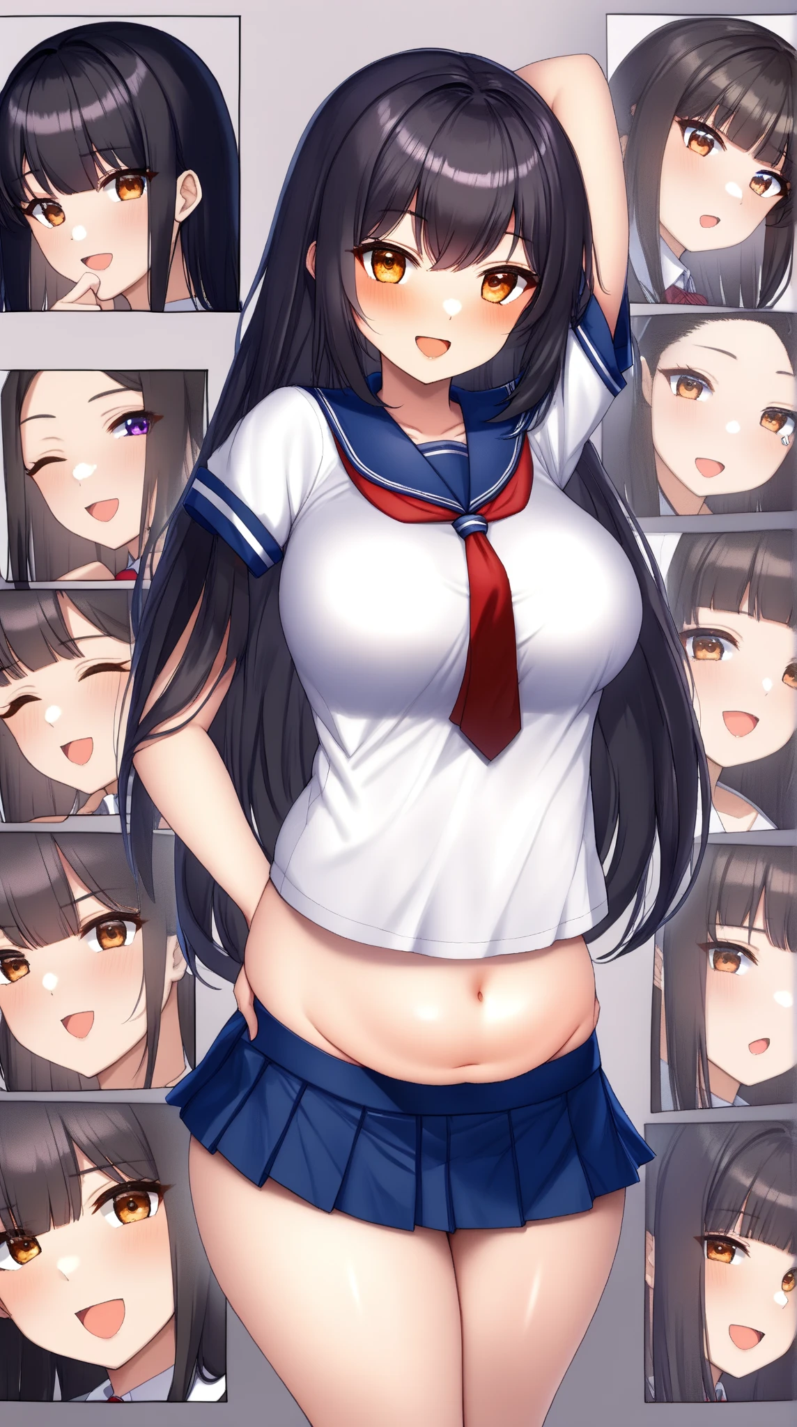 10th Generation,A beautiful woman,Beautiful buttocks,Moe,Upper body naked,No bra,Nipples,Pleated skirt with dark blue plaid pattern,No underwear,vagina,Black long hair,Show your ass,Embarrassed