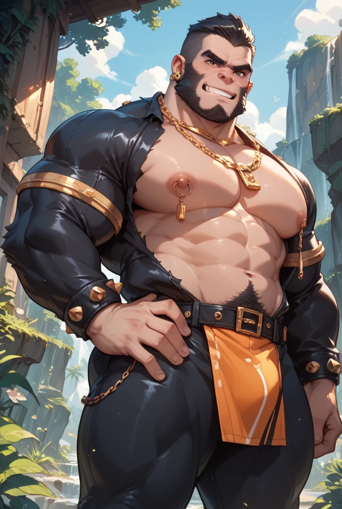 1 man, muscular, bdsm costume, naked, big penis, posing in the street, wearing jacket and leather harness, character design (fate grand order - napoleon) charming deep eyes, sun light muscles, muscular athletic, wearing jacket and leather harness, high resolution, big penis, perfect muscles, a big cannon behind him, anime style
