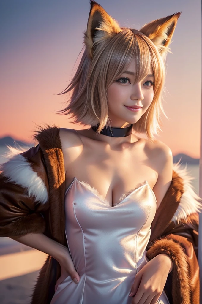 sexy swedish model, (-anime), only 1 model, very short hair, beautiful smile, lip-gloss, long lashes, defined eyebrows, long fur fox color scheme, ((long fur fox cosplay)), fox ears, fox tail, fox choker, look at the camera, cinematic light, (sparkling long fur background), sweet and sexy pose