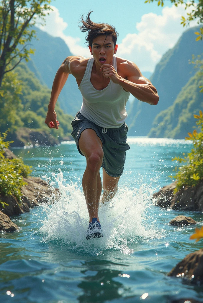Beautiful guy, blond, tall, runner, with cheetah feets, outside, running close to a river, write"physiosurpattes" in the middle of the image, ai realistic