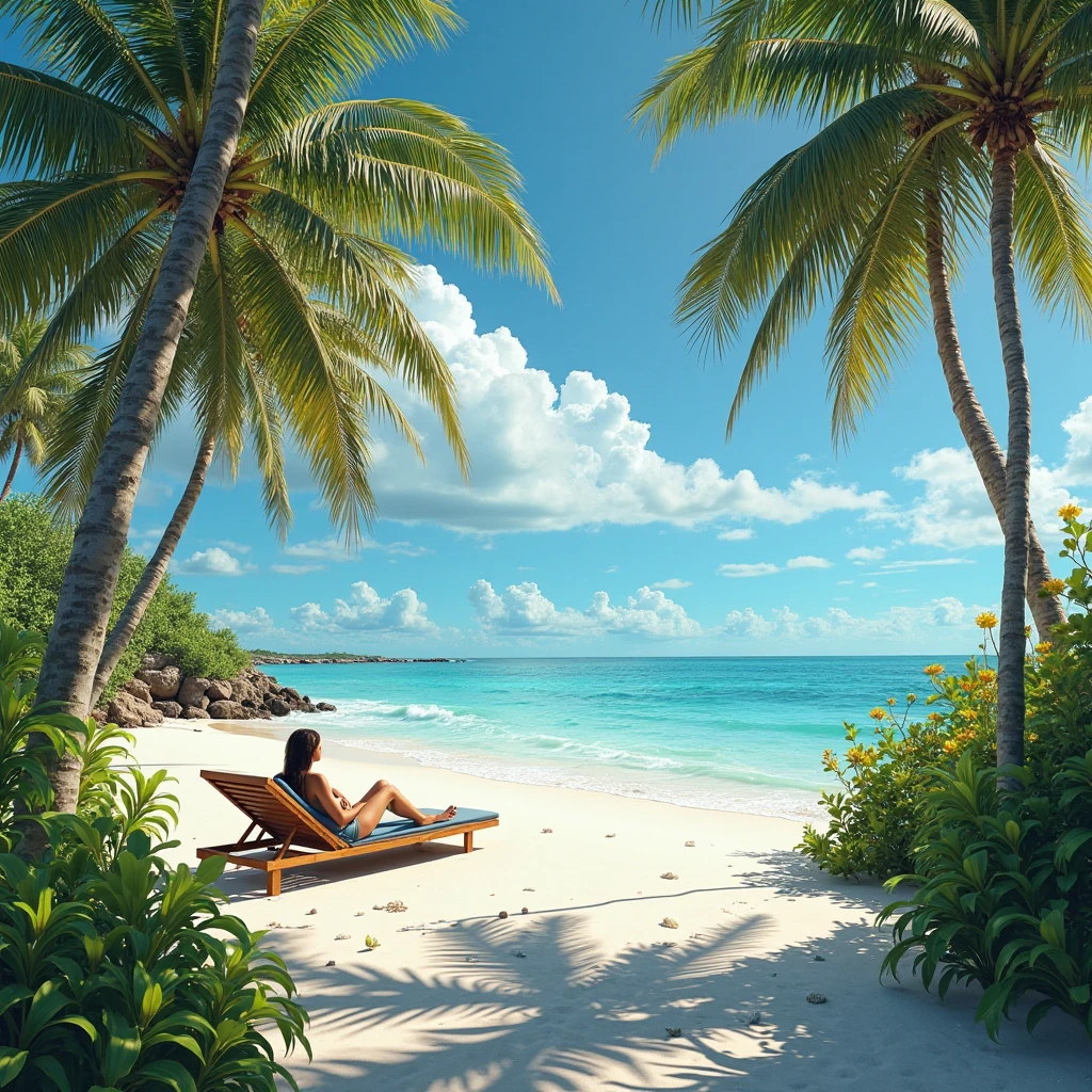 Caribbean beach with straw umbrellas and beach loungers. In the background a pine forest