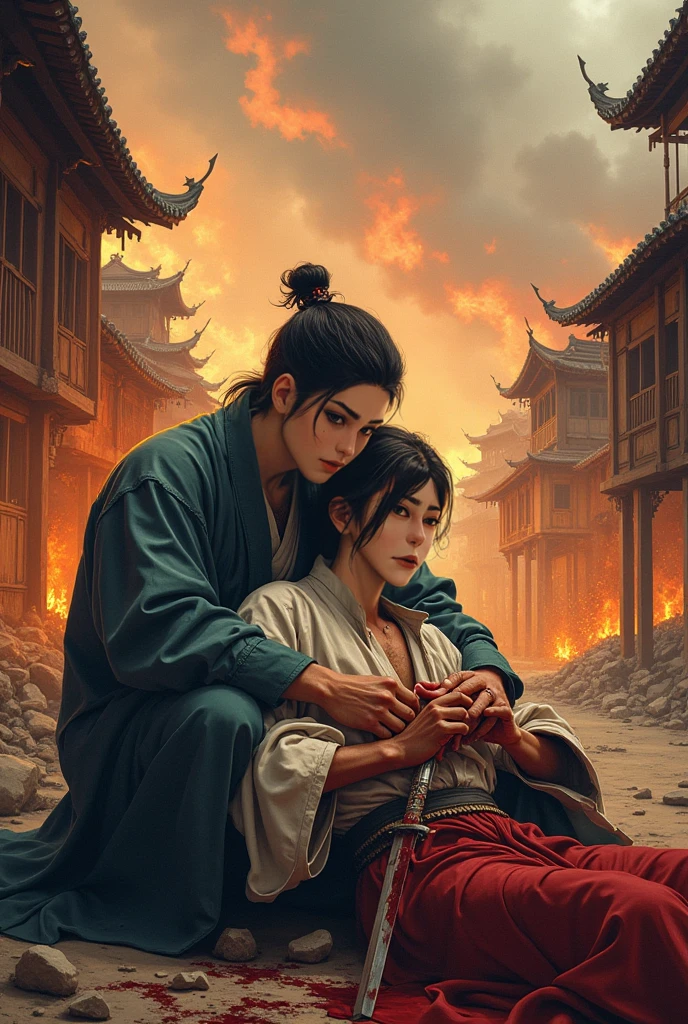 ((Ambilight)),masterpiece,ultra-high quality,((ultra detailed original illustration)),<lora:add_detail:0.7>,((hanfu)),wide shot,(Whiskers:1.3), (close eyes:2.0),
The han dynasty,1 man held him dead wife,tears,(blood:1.5),beautiful scenes, soft lighting, gentle embrace,  (battlefield:1.5), (smoke:1.2), destruction, (ruins:1.2), <lora:Better light:1> <lora:wuxia:0.8> <lora:Smoke:0.5>