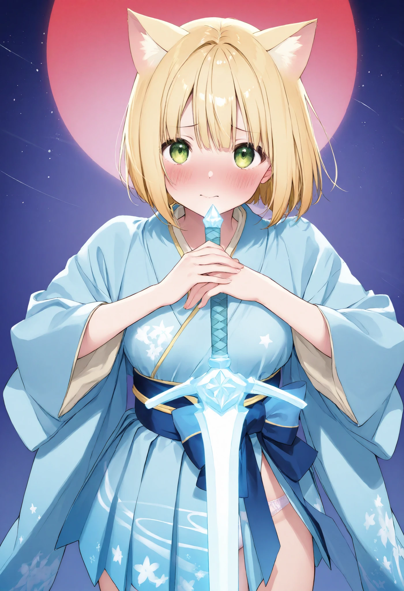 Blonde Cat Ears、bob cut blonde hair、 popup、、Ice One-Handed Sword、shyly blush、Hoshizawayama 、Brilliant stars、panties、Soft Body、lifts up a kimono skirt、