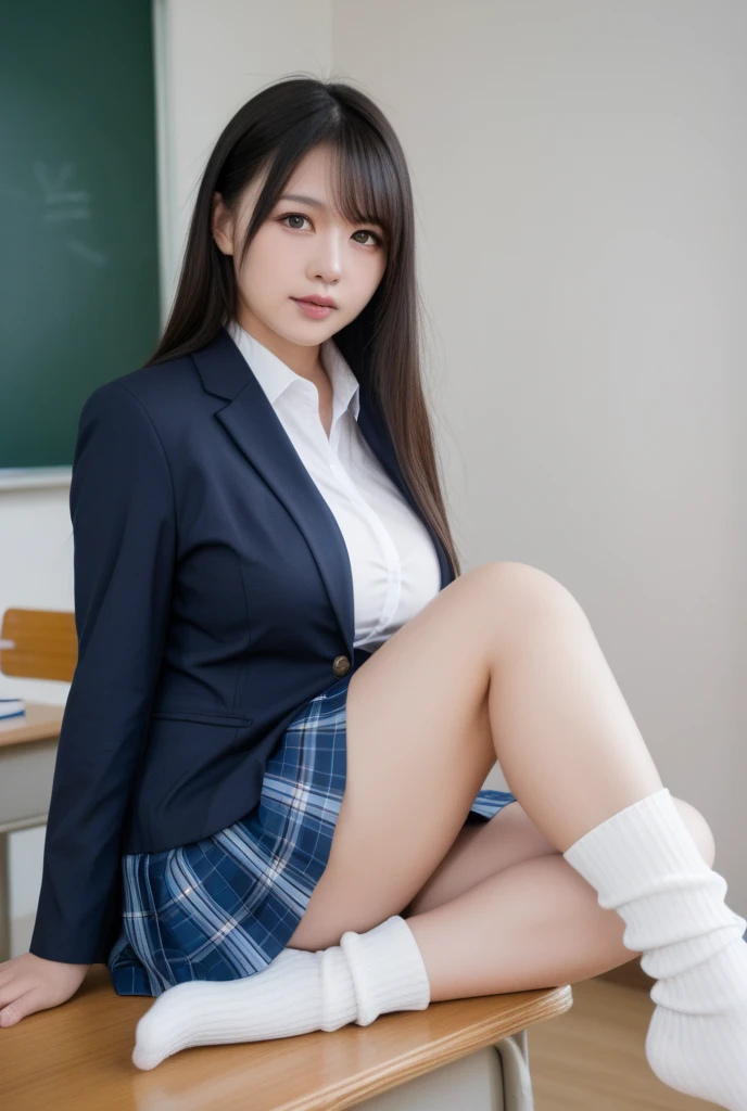 ultra highres,(reality: 1.4),highest quality, masterpiece, high detail, 16K quality, beautiful, 1 beautiful girl,japanese,super beautiful face,baby face,japanese idol face,cute face,super detailed face,detailed hand,beautiful skin,sweaty skin,big eyes,smile,profeccional lighting,pony tail,brown hair,brown beautiful eyes, sitting with knee up,spread legs,spread pussy,((skirt lift)),((showing pussy)),medium breasts,navy cardigans on white shirt,cleavage,(checked skirt),(spread pussy),(detailed pussy),black high socks,she is looking at the camera,classroom,nsfw,from front,