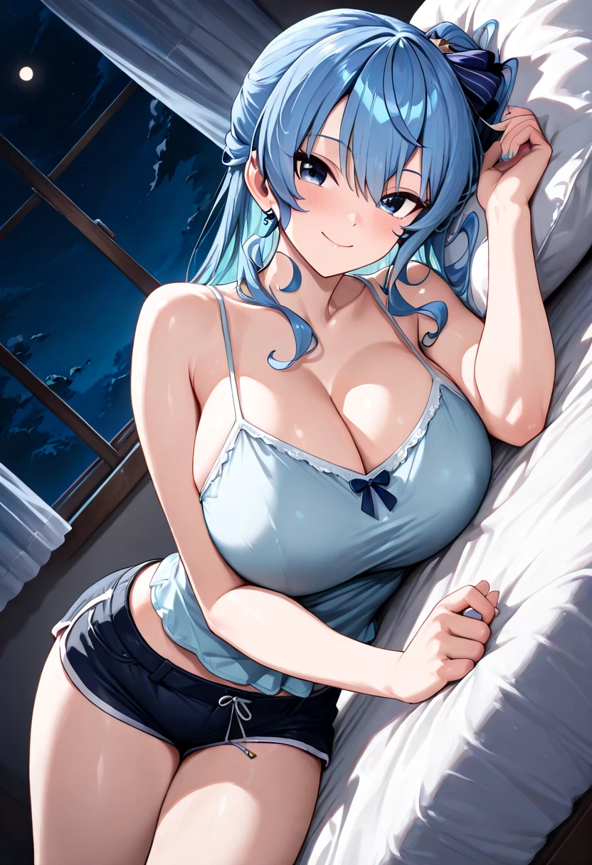 Second Dimension、Cool girl、sister、smile、Open your mouth、Blushing、Green Eyes、Long Hair、Light blue hair、On all fours、front、bed、Chubby、overweight、head、clavicle、Large Breasts、valley、Thick thighs、Big hips、Large waist circumference、Black underwear、Grey sweater、Shorts、Light blue hair、Dimly lit room、Stand lamp、Float your heart
