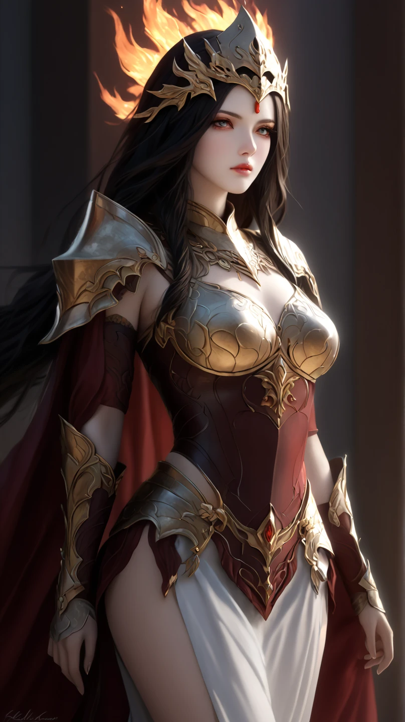 beautiful detailed background, octane render, 8k, best quality, masterpiece, illustration, extremely delicate and beautiful, detailed,extremely detailed,CG,unity,wallpaper,Amazing, fine detail, realistic art: 1.2 ,masterpiece, best quality, official art, extremely detailed CG unity 8k wallpaper,1girl, (((long black straight hair,))), dark knight,red eyes,beautiful face, upper body,(black Armor and red robe,) looking at view, realistic photo,Evil laugh,
(hiqcgbody) ,perfect female figure,earring,narrow waist, (looking at view), alluring,prestige,(fire,indoor,ruins)