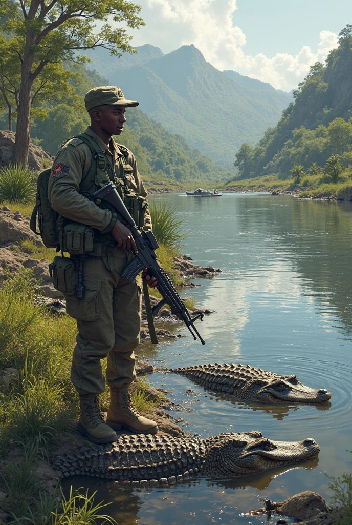 "A haunting scene of a swamp in Myanmar during 1945, where the air is thick with fog and the water is dark and still, except for the violent splashes caused by massive saltwater crocodiles. The ground is littered with fallen rifles and torn uniforms, as Japanese soldiers try to escape the jaws of the huge reptiles. Some soldiers are clinging to tree trunks, their faces twisted in fear, while others are seen struggling in the water. Blood stains the swamp, creating a gruesome contrast against the dark surroundings. The atmosphere is one of terror and chaos, with the sense that this is a fight for survival that few will win."

