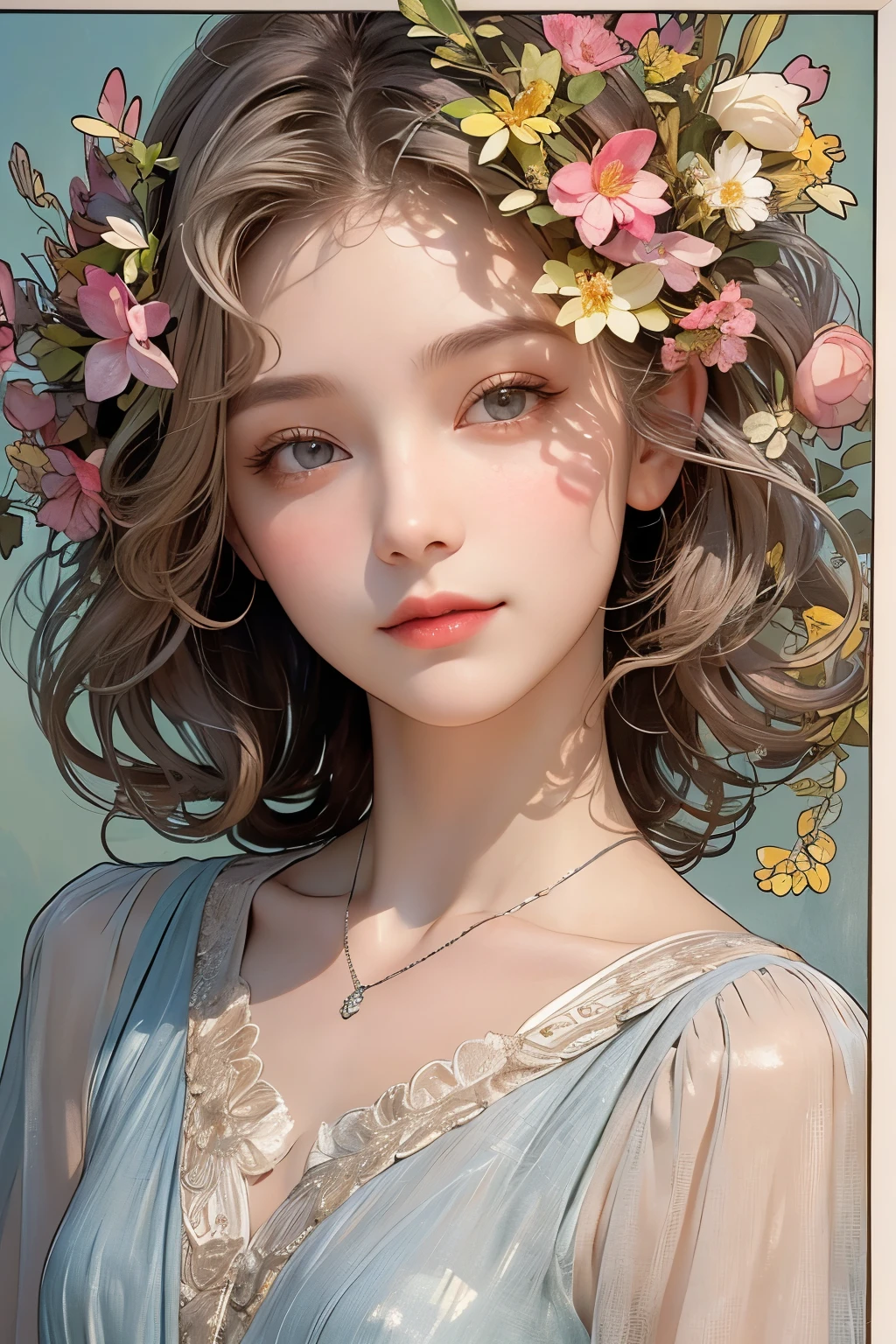 (oil painting of a young, beautiful woman), rough touch, impressive portrait, (calm and gentle girlish smile), (almost straight medium-long silver-gray blonde hair), (close-up), glossy lips, (simple, urbane shirt in spring colors), (slim figure), small necklace, soft spring sunlight, small spring flowers of various colors, fine and precise details, muted colors, vivid primary colors partially used as accents, use of contour lines, clean line drawing, (Alphonse Mucha-style composition), (stylish decorative frame in the Art Nouveau style), masterpiece! , beautiful! , wonderful! , perfect! ,