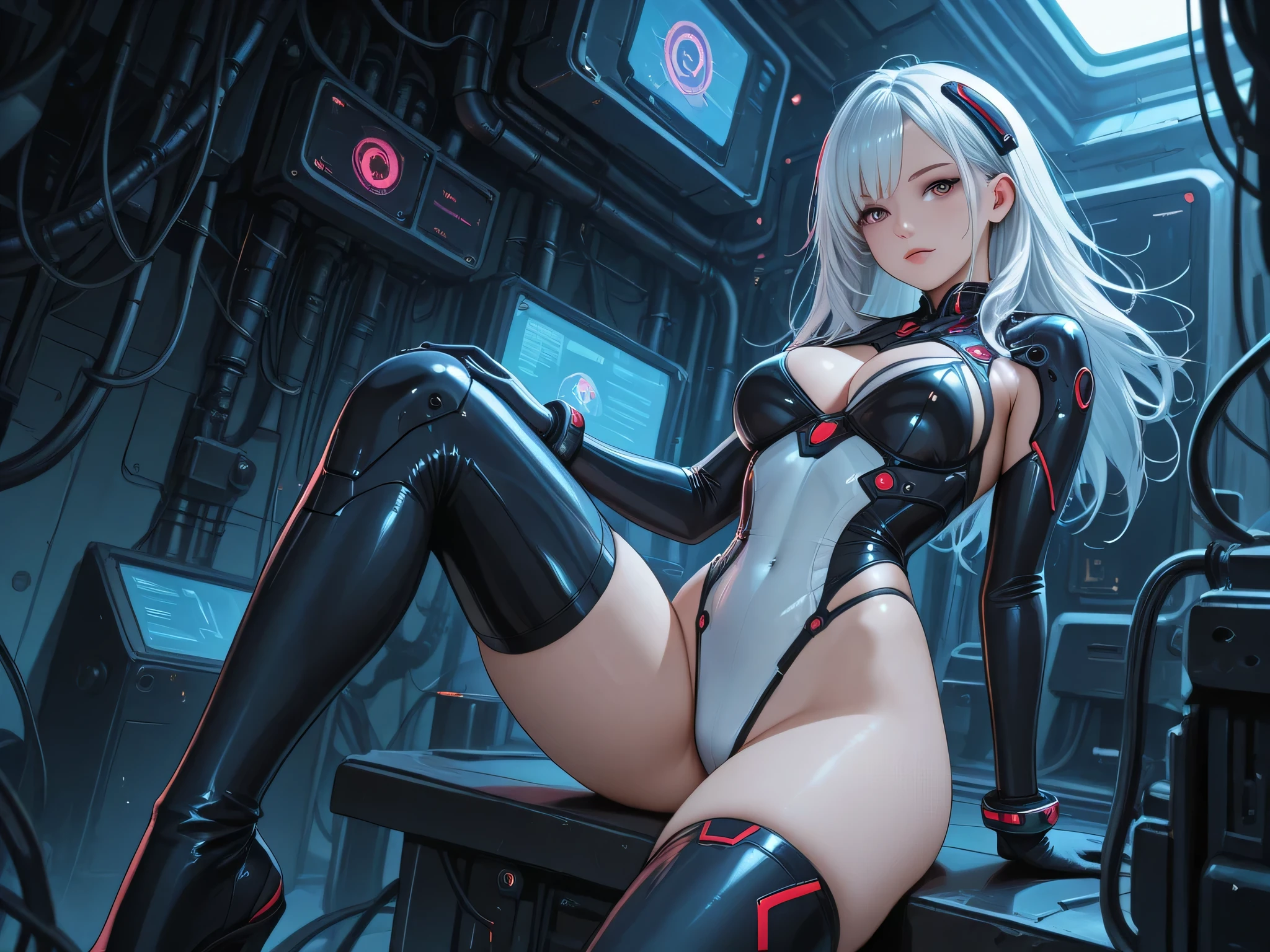 Losing portrait of woman in wetsuit with big gun, smooth digital concept art, an oppai cyberpunk, glossy wet skin!!, biomechanical oppai, Painted in high resolution, wet shiny skin, 8k high quality detailed art, [ 4 k digital art ]!!, Very detailed ArtGerm, rendered in sfm, fanart best artstation(Very cute woman gets futuristic cyberpunk hotel bodysuit completely torn sexy、Perfect body-wide coverage))。Afro Curly Black Medium Length Hair、a picture、​masterpiece、top-quality、Dark gray background、((1 Girl Glen's eyes and gorgeous light gray hair、Beautiful perfect face、juicy lips、de pele branca))。Sexy ass soft breasts and white skin、Bimbo lips、Beautiful Caucasian woman in T pose。long legged((perfect chest:1.4))、((Very soft breasts))、hyperdetailed face、A detailed eye。Inside the city at night。(((she is soaking wet)))、Her clothes are torn、Damaged、Skin exposed、White substance and water running down her body、Nipple areola exposed、Underwear is slipping off、Metamorphosis、Sexy Pornstar Pose、Have a futuristic sniper gun、Holding a gun