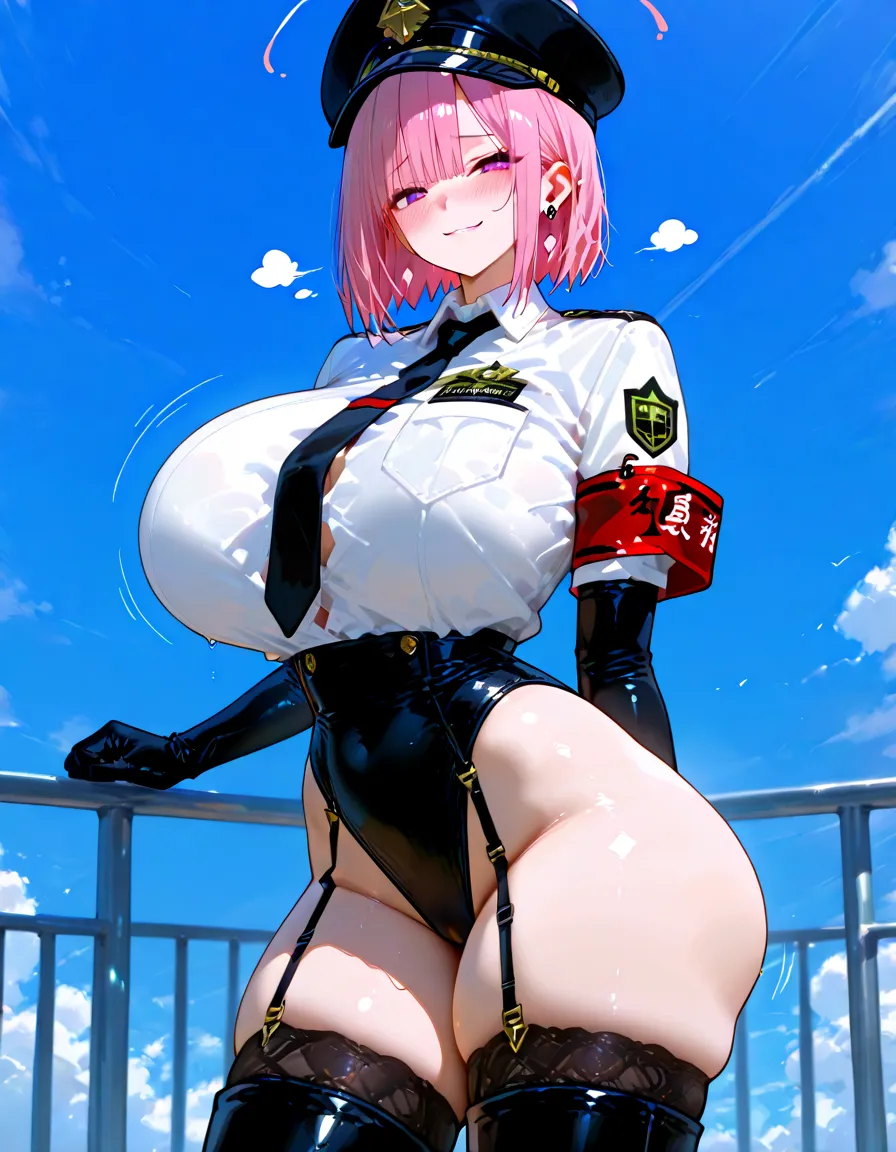 (masterpiece), (1 serious public discipline chairman: 1.3), (super thick and plump body: 1.3), (huge breasts and butt)), (small head: 1.2), (extremely small uniform)), (shiny skin: 1.2), (speech while crouching on the schoolyard morning stand))