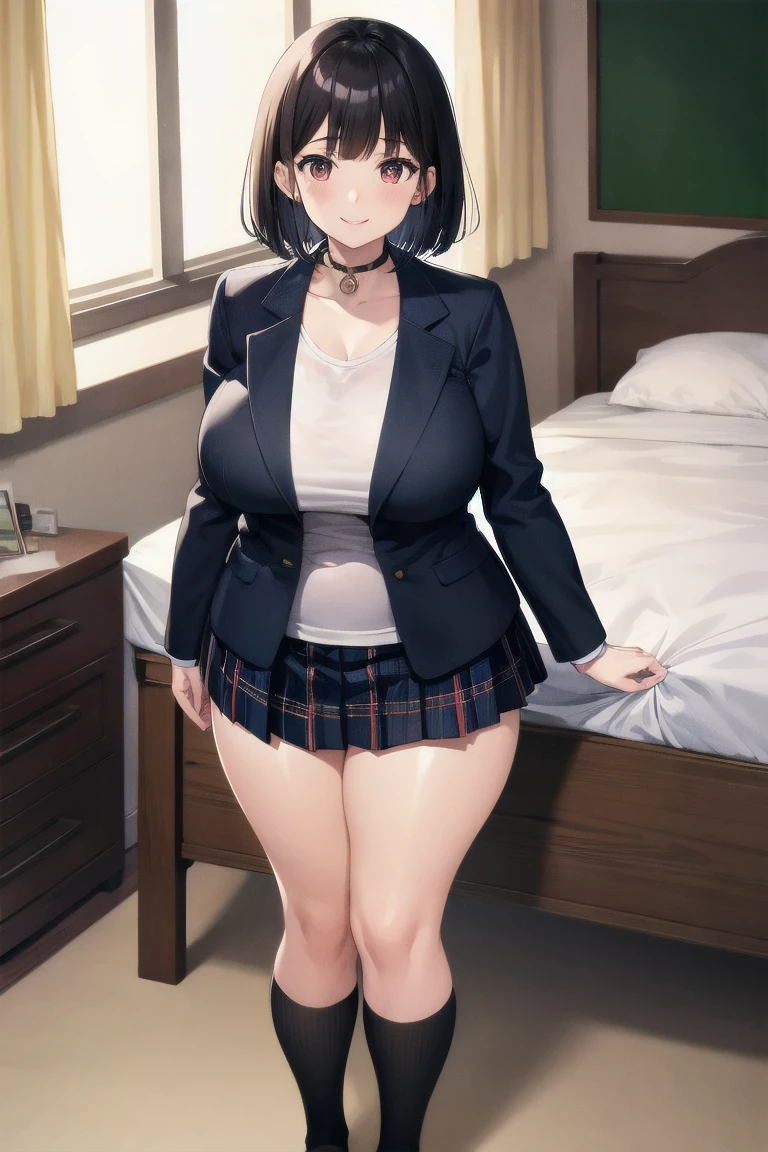 Highest image quality，high high quality，A mature woman，age 22，Huge cleavage，Nipple presentation，high-heels，Short gray hair，hair covering one eye，ssmile，White shirt，Plaid miniskirt，obscene exposure，navel