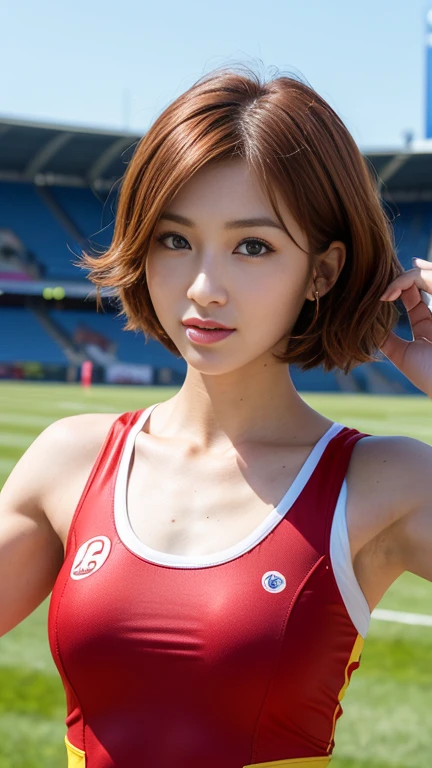 The beauty of 8K RAW photography:2.0, Short Bob Hair,20-year-old, Great face and dark eyes, Looking into the camera, A joyful smile:1.6, Showing teeth, Go for a run, Plain, unmarked wear、(Plain red sportswear:1.2)、Standing front、 Realistic:1.9, Very detailed CG 統合 8k 壁紙, Very detailed, High resolution raw color photos, Professional photos, Shooting at an athletics stadium, Girl portrait