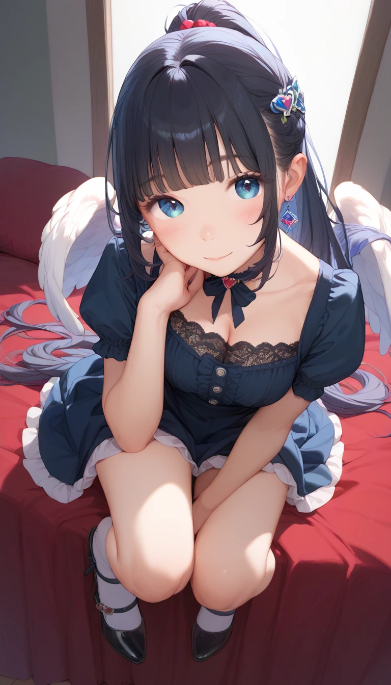 ((Top Quality)), ((Excellent)), (Detailed), ((Angel)), Ultra-Realistic, Stunning Environment, Vivid Colors, , Black Hair, (Young Face), ((Straight Hair)),Big Wings,((White Wings)), (A pair of wings) ,  Shiny Hair, Medium Breasts, ((White nurse uniform)), (Nurse), ((From Above)), ((Blue Eyes)), Half-Smiling, (Close-Up), Upper Body, Shiny Hair, Blunt Bangs, ((Medium Breasts)), ((Crawling Position)), ((Blue Eyes)), Masterpiece, Ultra-Realistic, ((Emphasized Cleavage)), ((Close-Up)), ((Nude)), On Bed, Natural Light, Vivid Colors, ((Close-Up)), Hospital,