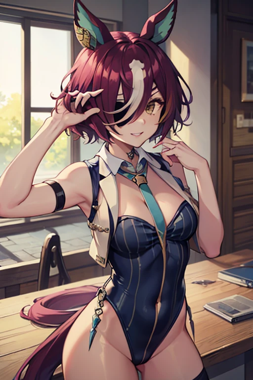 An anime girl with red hair and blue eyes wearing a skirt and an open shirt revealing a stunning black and red lace bra
