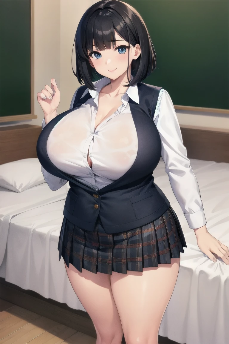 (masterpiece, official art), 1girls, solo, shortstack, thick, curvy, curvaceous, black hair, black eyes, short hair, komi shouko, (school uniform), (closeup), portrait, (gigantic breasts), sitting on the floor, spread legs, at barn, sunlight, looking at viewer, (upper body), smile, seductive, alluring attire, open shoulders, skindentation