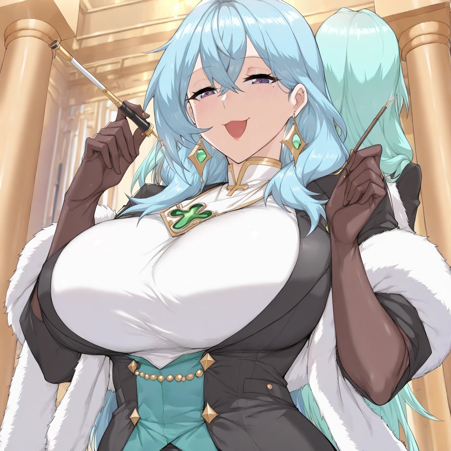 (Kabedon first person : 1.3), earrings, braided ponytail, puffy sleeves, gold trim, gloves, bodysuit, chest curtain, shoulder cutout, (covered navel), thigh vent, neckline in clothes, tassel, (Luxury bedroom background), ShenheV4, anime in cels style, Best quality, A high resolution, 1 girl, (huge breasts:1.2), Beautiful face, White hair, long hair, hair ornament, hair over one eye, Blue eyes, cowboy shot, smiling, blushing