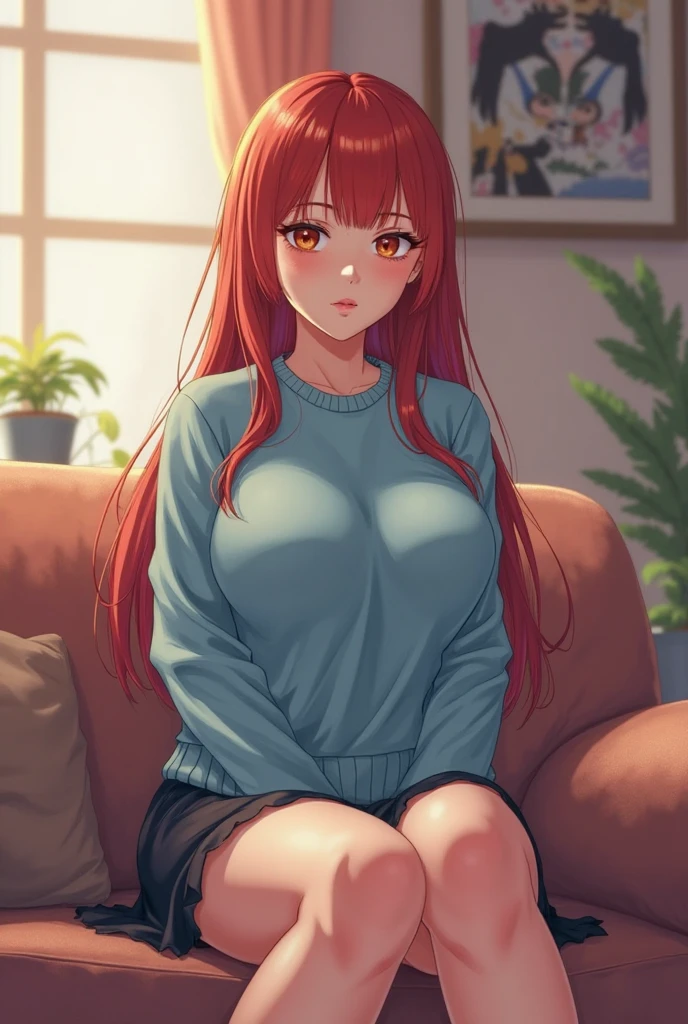 (2d cute anime:1.3). Fantasy. Irene Bae JooHyun, sitting, detailed exposed sweater. half body portrait, Vixip, design by Yusuke Kozaki, oil by Gregory Manchess. stunningly beautiful, pink hair, bed, curvy. Hand drawing illustration. highly detailed. Cinematic lighting. By sumic.mic