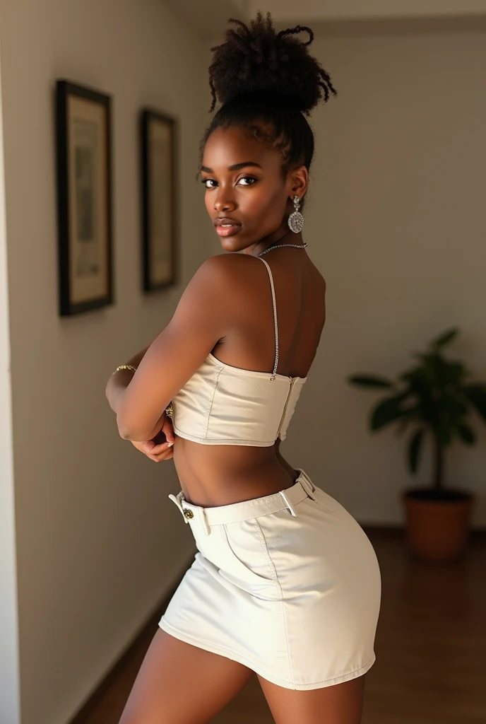 Back view of beautiful 22 year old East African star with frame and small perky breasts standing and posing in thong while on balcony, braids, dark brown skin, side profile, big butt, full-body portrait hyperrealism