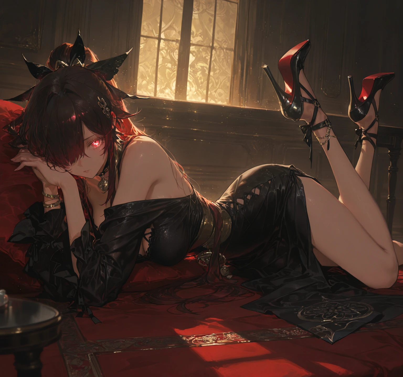 (best quality:1.1), (masterpiece:1.4), (fantasy Illustration:1.2), there is a woman sitting on a chair with a cat ears on her head, sitting on her throne,fix eyes,lick small pop, fixed mouth, on her throne, red tail, sinister pose, sitting on obsidian throne, sitting on a throne, sitting on the throne, succubus in tight short dress, sitting on the floor, sitting on intricate throne, sitting in her room, sitting on throne, sitting on an armchair, red hair, evil grin, looking down on you. there is a woman sitting on a chair with a cat ears on her head, sitting on her throne, on her throne, sinister pose, sitting on obsidian throne, sitting on a throne, sitting on the throne, succubus in tight short dress, sitting on the floor, sitting on intricate throne, sitting on throne, sitting in her room, domiose, fix face, dark room, fix left eye, red eyes, only 2 legs, sucking lop, fix frs.