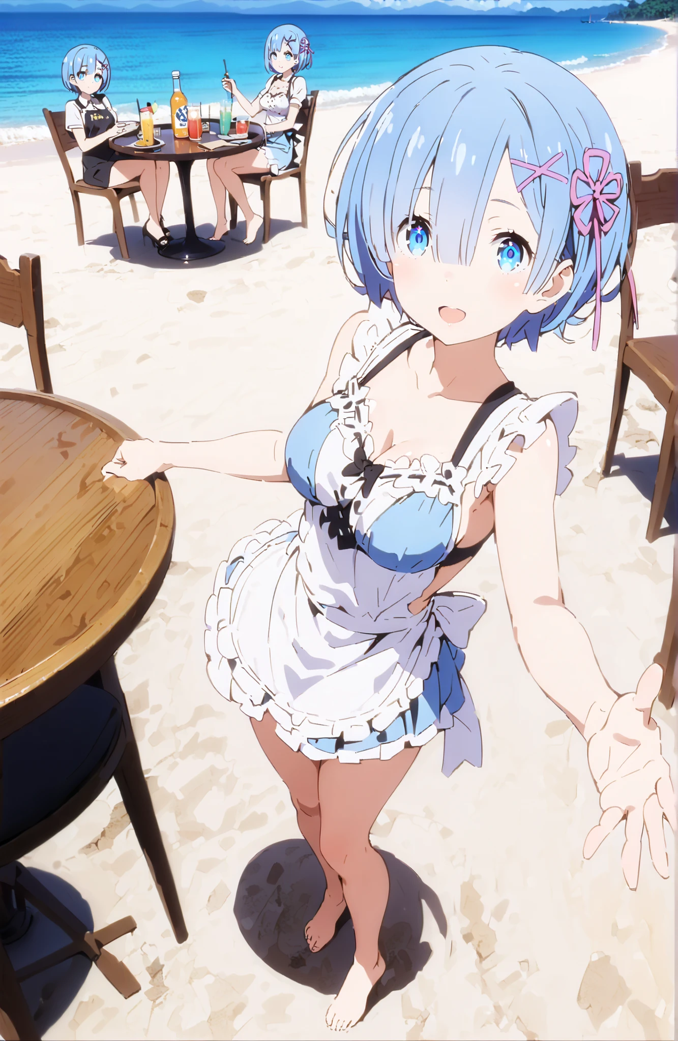 score_9, score_8_up, score_7_up, source_anime, Rem, blue eyes, blue hair, hair ornament, hide your right eye with bangs, hair ribbon, short hair, x hair ornament,Medium breast,blue string bikini,apron,Bare legs,bare feet,トレイ on the one hand,standing,smile,blush,open your mouth,tray topped with tropical juice,strandパラソル,Round wooden table and chairs,full bodyがイラストに入るように,in their 40s looking at viewer,full body,
in their 40s outdoors,strand,sea,
in their 40s (masterpiece:1.2), best quality, high resolution, Unity 8Kの壁紙, ( 's art :0.8), (beautiful detailed eyes:1.6), very detailed face, perfect lighting, highly detailed CG, (perfect hand in h, Perfect Anatomy),