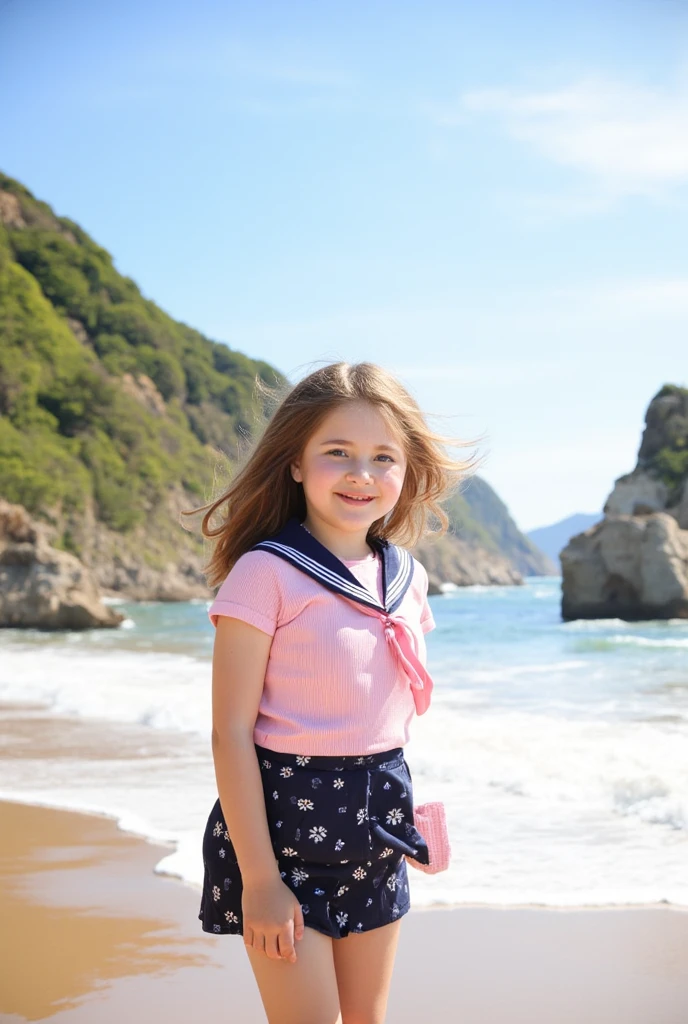 A 3--old l with a big red bow and red stripes sat on a wooden boat by the sea --auto --s2