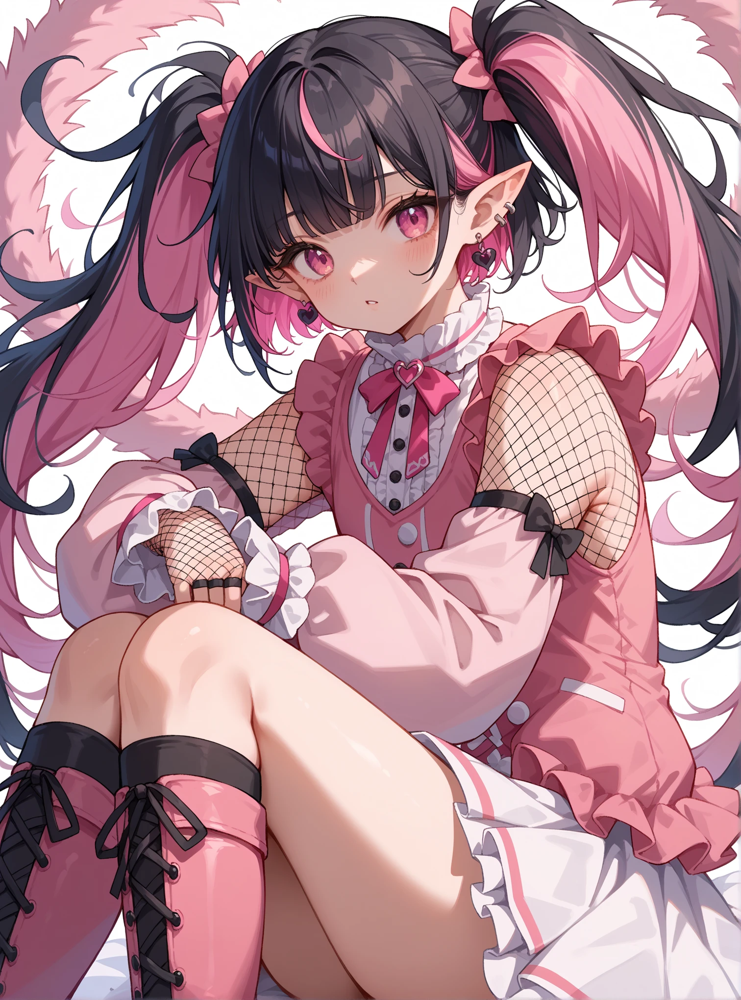 score_9, score_8_up, score_7_up, source_anime,
1girl, twintails, multiclored hair, pink hair, black hair, pink eyes, pointy ears, earrings, fishnet sleeves, frilled sleeves, long sleeves, blunt bangs, pink vest, white skirt, pink knee boots,