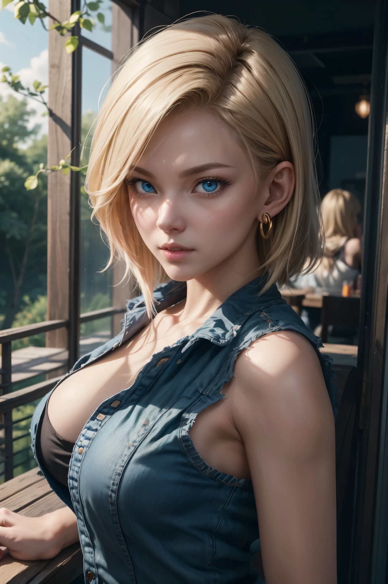No.18,Dragon Ball Z,Dragon Ball Super,One-length hair,beautiful white blond hair,shortcuts for glasses, beautiful blue eyes ,PINK LIPS,white skin,cool expression,black sleeveless,blue jeans per boy,Ultra HD,super quality,masterpiece,dslr,photorealistic, Detailed Details,Vivid details,depicted in detail,Detailed face, Detailed Details,Super Details,realistic skin texture, colorful candy room ,Perfect Anatomy,anatomically correct hands,anatomically correct finger,complex 3d rendering,big breasts,Gold ring earrings,nature,Beautiful spring scenery,Mysterious spring scenery,Beautiful Dusk,Hair fluttering in the breeze,Beautiful like a painting,takes pictures of Hirose's whole body,9 heads,