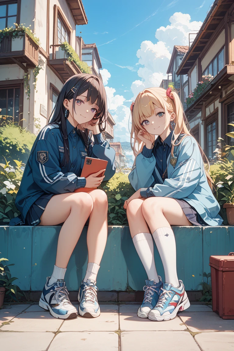 2 teenage girl in casual outfit looking at their phone