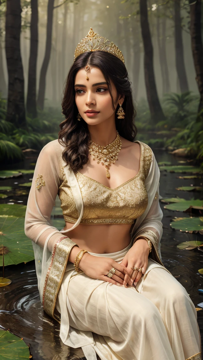 a beautiful vedita, 1girl, detailed eyes, detailed nose, detailed lips, long eyelashes, delicate facial features, intricate jewelry, flowing dress, natural landscape, rolling hills, lush green foliage, sunlight filtering through trees, warm color palette, cinematic lighting, digital art, photorealistic, highly detailed, 8k, masterpiece
