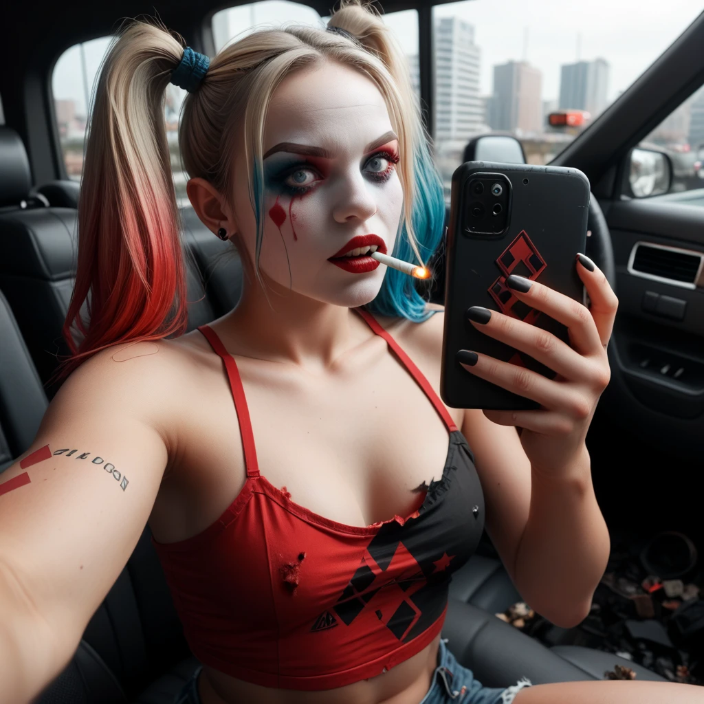 Harley Quinn linda, olho verde, extremamente realista, muito bela, loira, fitness, sexy, sensual