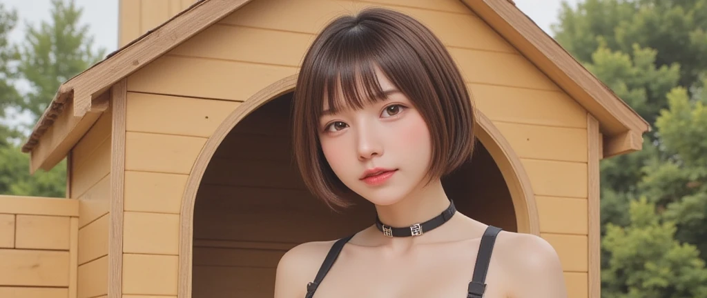 masutepiece, Best Quality, One girl, (Beautiful Girl:1.3), (16 years old:1.2), Very fine eye definition, (Symmetrical eyes:1.3), NSFW, (cute little、Highly detailed mini dress with open neckline:1.3), Beautiful breasts, Brown eyes, Parted bangs, Brown hair, Upper teeth、Background outdoor、Blurring、chain and lock choker