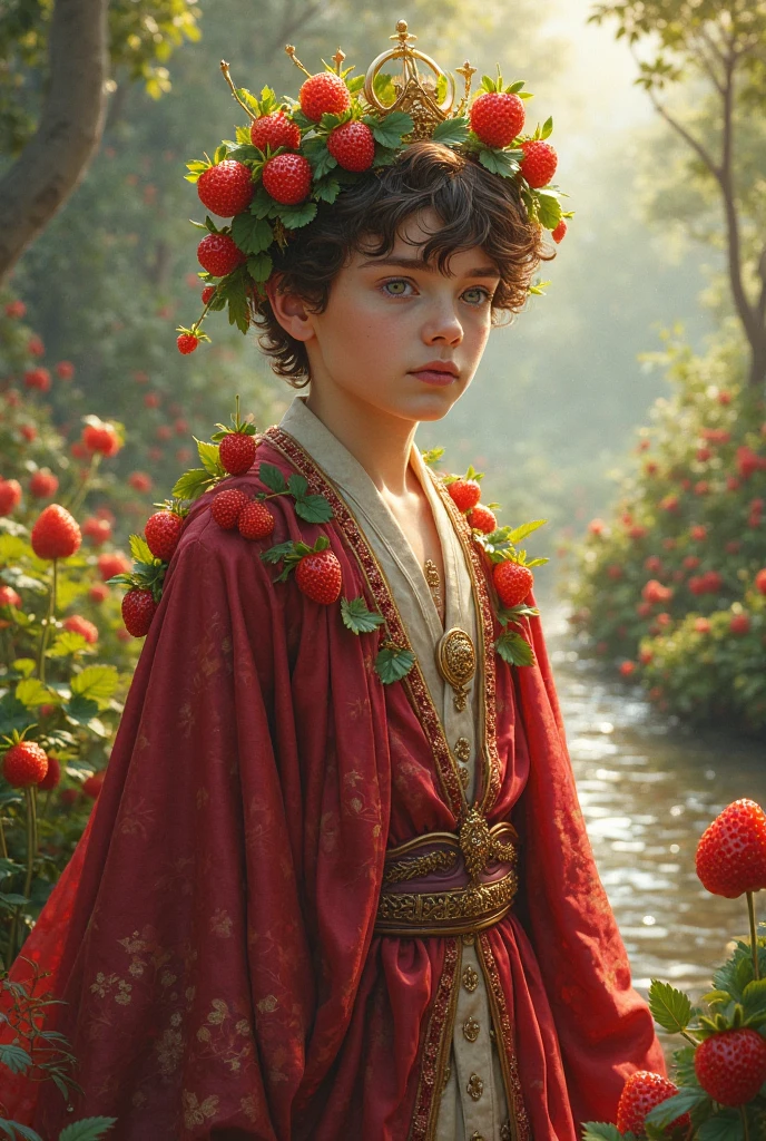 Blond boy as the Strawberry King, vibrant colors, whimsical fantasy, detailed strawberry crown, flowing golden locks, high-quality, fantasy, royal, vibrant tones, detailed, fruity, cheerful, atmospheric lighting