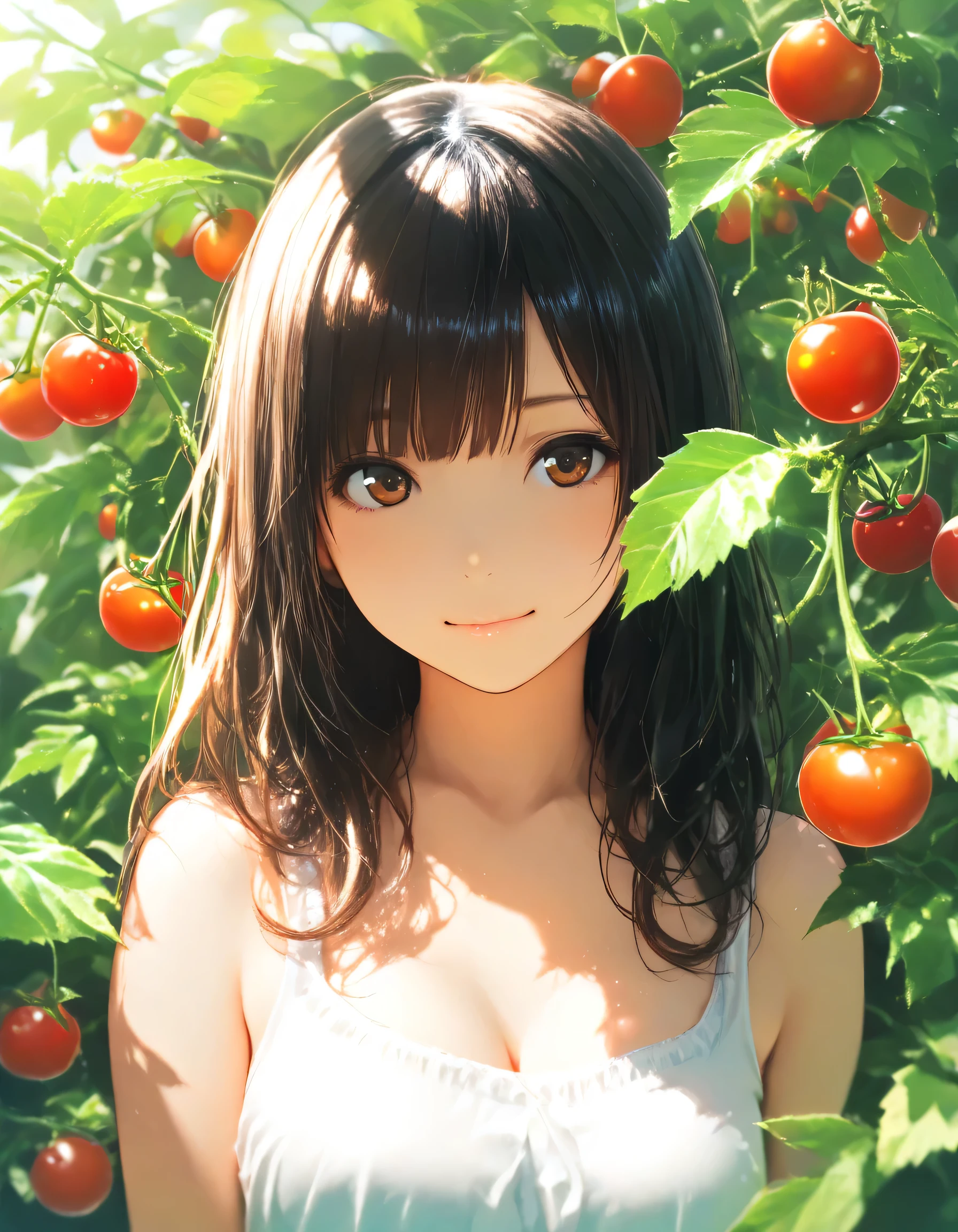 1girl, year 2016, home garden, cherry tomatoes, masterpiece, high score, great score, absurdres, 16k, super detail
