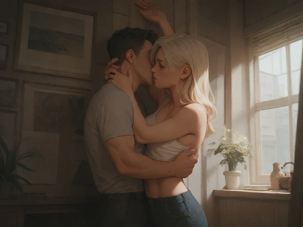 beautiful couple, age difference, thicc blonde woman, 18 years old, cute short feminine makeup,  boy, wearing panties, [romantic], [intimate atmosphere], [soft lighting], [tender embrace], [gentle touch], vivid colors, photorealistic, [dreamy], [quiet surroundings], [subtle details], [sublime beauty], [captivating expressions], [harmonious composition], [natural poses]