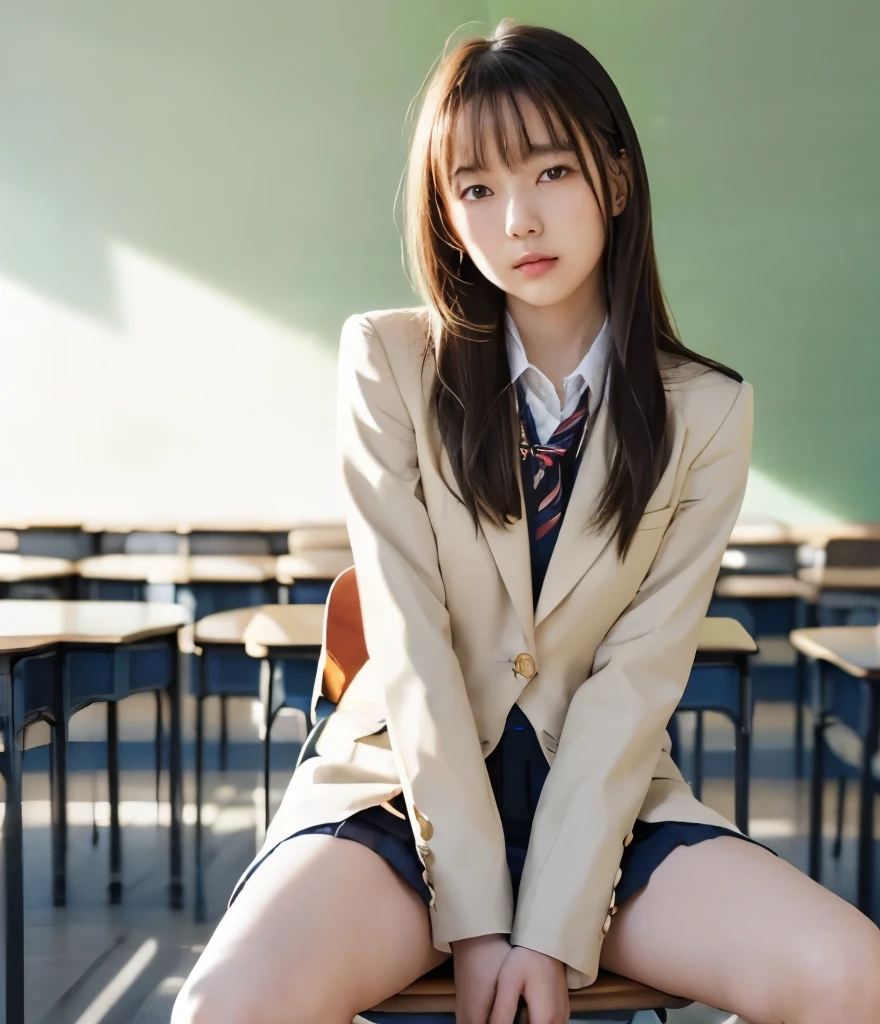 Highest Quality、   ultra high definition  、8k、masterpiece、Clear Photo、     RAW PICTURES UP   、  sharp concentration in nude clothes 、(   Very Cute Girl 、   cute Yuki Yoda、Idol class)  、(  cute high school girl in an elaborate high school dress 、  navy blue blazer uniform 、  white blouse)、 slender、(    navy blue pleated skirt、   miniskirt:1.、 (  A high school girl sits on a chair in the classroom :1.6、  open legs wide   :1.6)、 beautiful leg、(     showing white panties     :1.2)、(Perfect Anatomy、 charming)