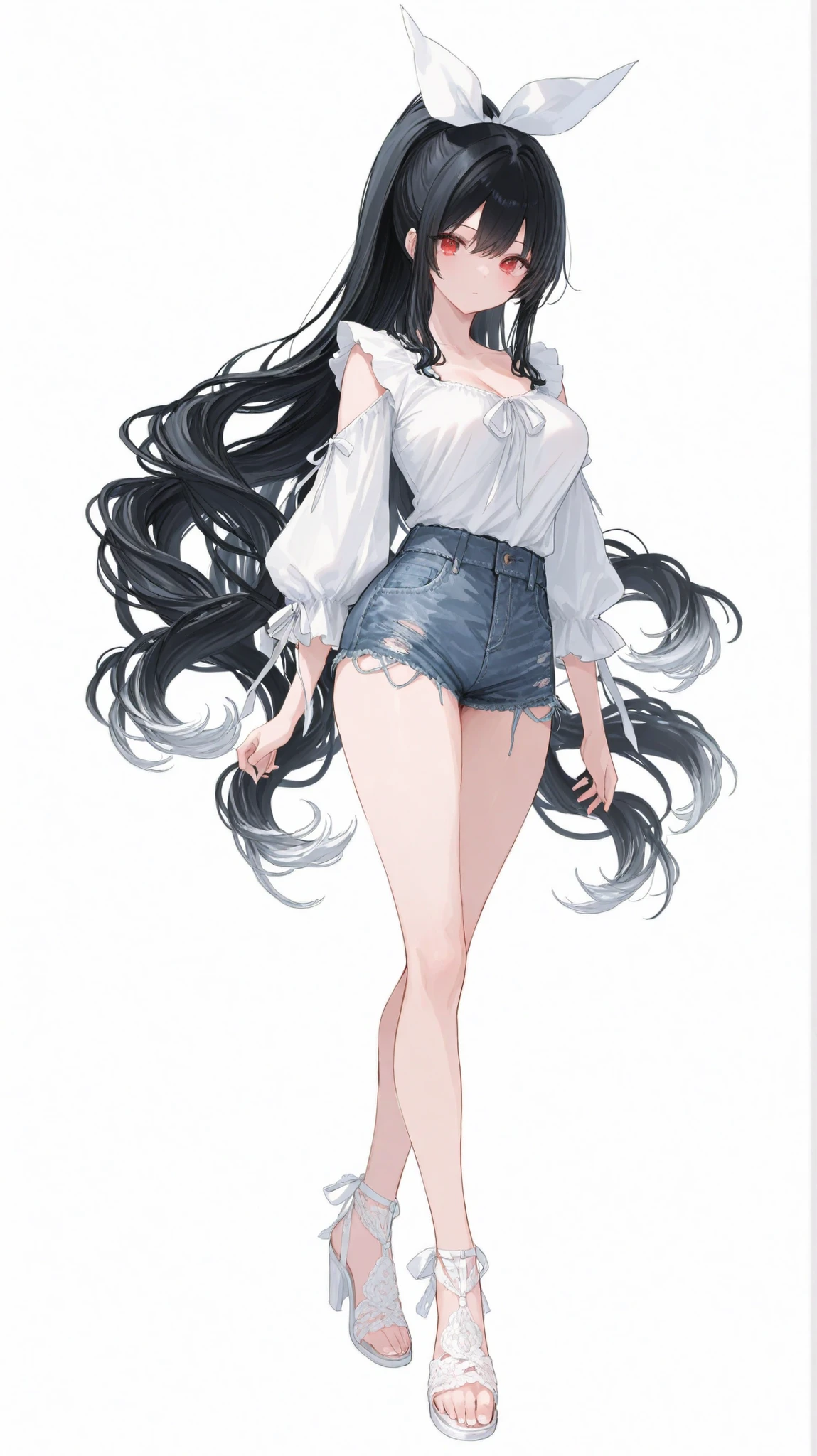 1woman,solo,25yo,black hair,long hair,wavy hair,shiny hair,hair over one eye,side braid,scarlet eyes,huge breasts,tall stature, voluptuous,wide hip,light-blue_blouse-shirt,white_pencil-skirt, black patent heel pumps,full_body,