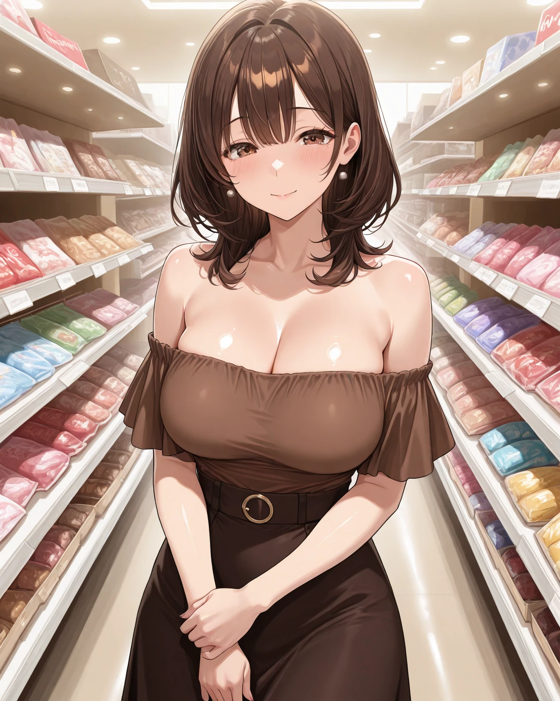masterpiece, best quality, highres, 1girl,  hi1, purple hair,  purple eyes, large breasts, hair bow, (nude:1.3), red animal collar, woman's handbag, walking, looking away, supermarket,  indoor