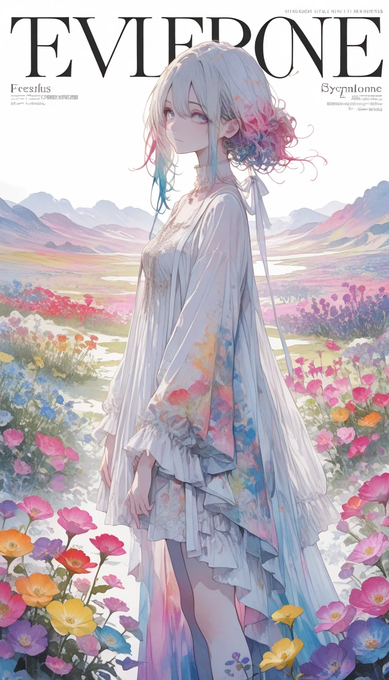（Best Quality，4K，Best light and shadow  ，  masterpiece：1.2），(Fashion Magazine Cover),watercolor, (watercolor: In this ethereal landscape, colorful flowers), Dreams are intertwined with reality.  The air is filled with an intoxicating scent of flowers, A symphony of exquisite perfumes. flowers seem to release the soul, Their essence blends with the scent that caresses the skin.
