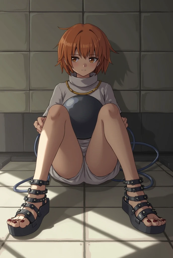 Chara,dirty ponds, anime,prisoners, penalties,in a cage,slave prisoners,full body,keep chest up and head up,plump and tall woman,grimace teeth and grin, binding band,handcuffs,weating profusely, limb restraint,large breasts,bound,shark teeth,tiger fang,fish gill,canon ,fanon ,purple striped sweater ,(shorts ,thong),red eyes ,(red hair,yellow hair, eicolor hair,extra long hair, messy hair),barefoot, green thong ,blush ,locket ,scoop neck,leg rings, ankle shackles, chains,Tongue nail, ear nail, navel nail,collared ,saliva,kneel down,burning scars and scars on the body,the thighs and calves are tied together by the same belt,spread legs apartwhite jacket,collar,opening on the clothes,Show muscles and abdominal muscles ,sexy muscles,blue muscles, abdominal muscles,toes,floor tiles,Iron chains,seduction