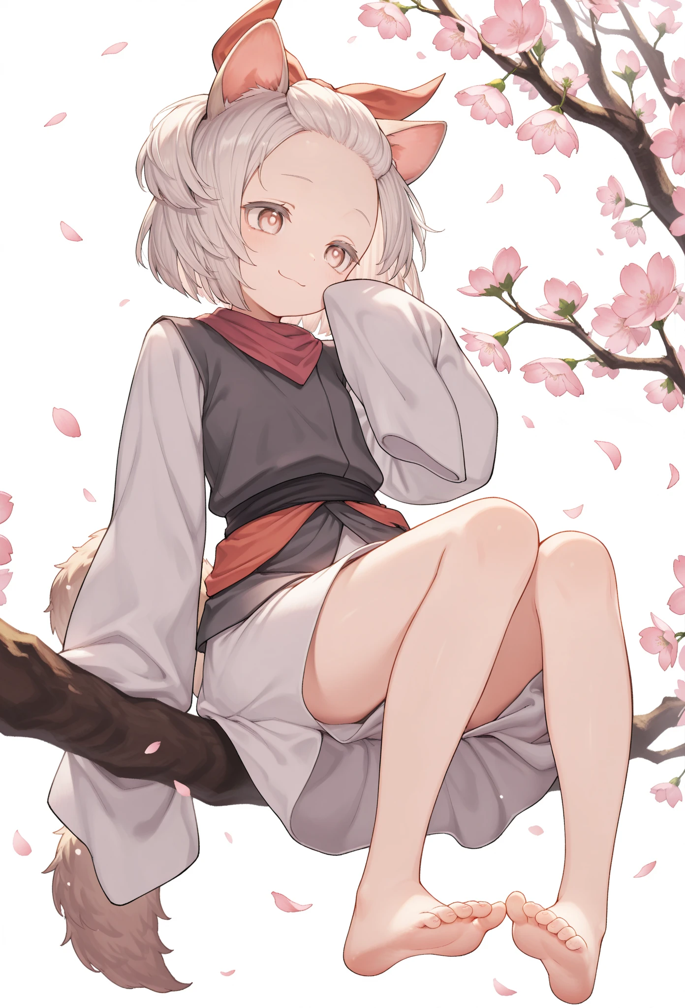 (4K,masterpiece,best quality),(traditional chinese ink painting),(Hanfu),(maxiskit),(conservative dress),1girl,(loli),Young children,((white fox tail)),(solitary),(white hair),White fox ears,Smile, (pink clothes), smile, (pink ground),(barefoot)
