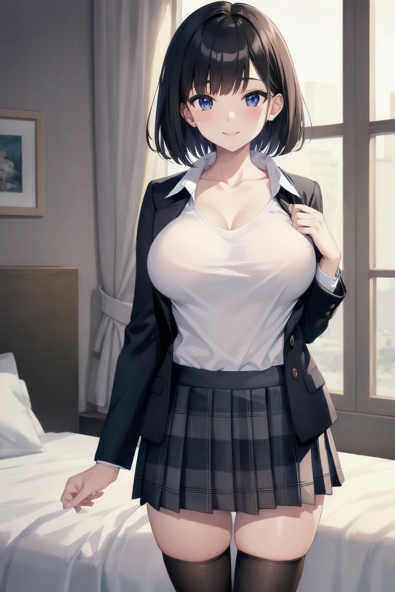Extremely detailed CG Unity 8K wallpapers,top quality,Super detailed,Masterpiece,realistic,Photos are real,bright lights,Very detailed cute girl,,innocent big eyes,delicate eyes,(short hair cat black hair)),flawless skin,shiny skin,White skin,delicate skin,plump big breasts,((perfect anatomy,Good player,perfect hands,Five fingers connected to the palm,Hands are precise and uncoordinated))、(office))、())、(()))、((suit,secretary skirt:1.5))、((Black high socks))、((I buttoned all the buttons on my shirt:1.7))、((Big breasts:1.5))、The smile of the little devil,a small face,whole body,,(),(perspective from above:1.5),(sit at your desk),((huge breasts)),Grooves reveal original skin