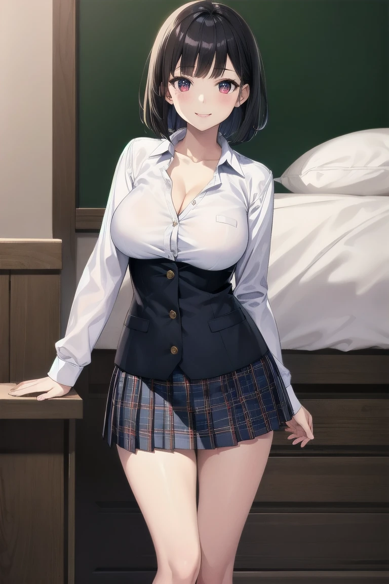 (masterpiece, highest quality, super detailed), (sumika), 1girl, (slim:1.7), short hair, black hair, (big breasts:1.6), raised, Wet , Sweat, beautiful face, (Big eyes:1.5), cute, fog, (school uniform:0.6), (white shits:1.4), (Pleated skirt:1.4) (from side:1.5), JP SCHOOL UNIFORM, JS_ShortSkirt, (micro mini skirt:1.5), at school, window, (full body:1.5), white panty, skirt up, thong,