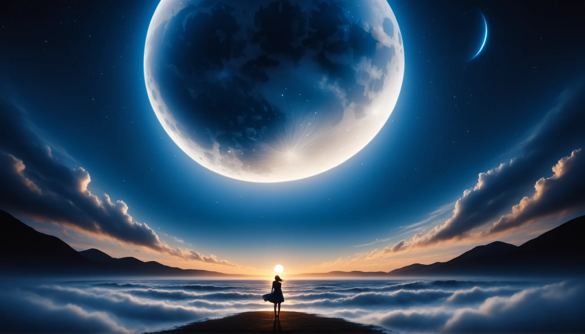 ( A huge blue moon that fills the screen ),one girl,sky full of stars,